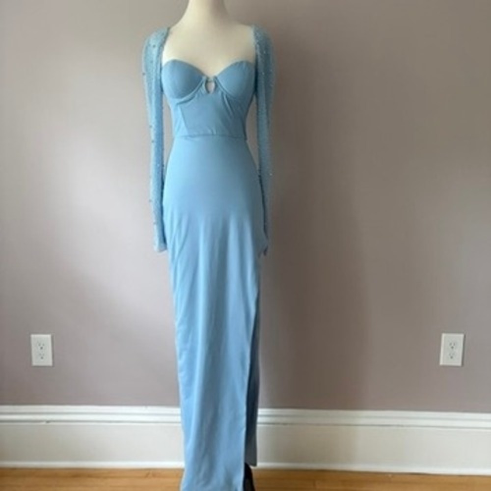 OH POLLY San Marino Embellished Side Split Maxi Dress Sz 6 Light Blue Mesh Bead